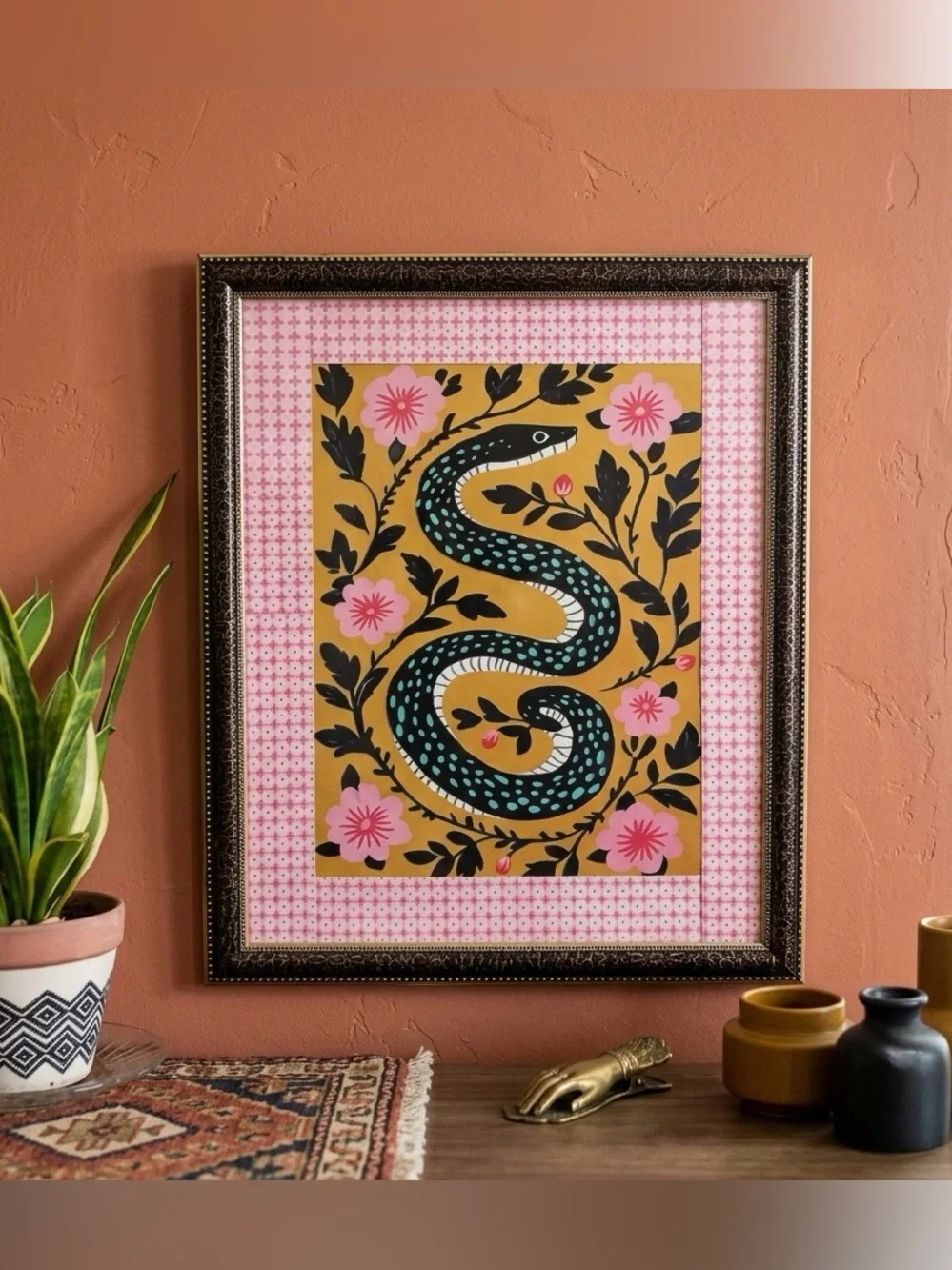 Mexican Snake Serpent Canvas Art Print Large Gold Black Framed Wall Art Southwes